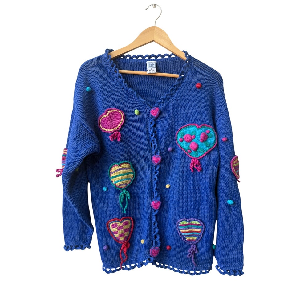 Vintage School Teacher Cardigan Sweater Size L‎ Kindergarten Hearts Balloons